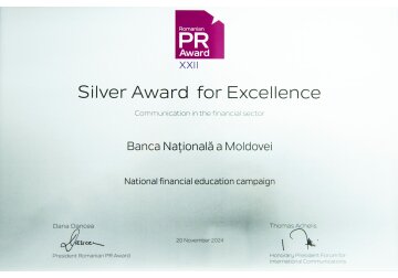 Banca Națională a Moldovei a fost distinsă cu premiul Silver în cadrul celei de-a XXII-a ediții a Romanian PR Award pentru campania naționale de educație financiară „Educație financiară pentru toți” 