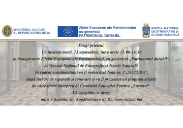 Zilele Europene ale Patrimoniului, cu genericul Patrimoniul durabil (19-25 septembrie 2022), în cadrul Muzeului Național de Etnografie și Istorie Naturală