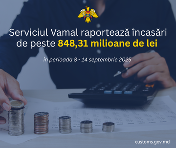 În perioada 8-14 septembrie, Serviciul Vamal a transferat în buget 848,3 milioane de lei, cu 7,8% mai mult decât săptămâna precedent
