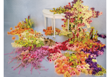 Jos cu florile: artiştii florali au renunţat la vaze de ceva vreme şi preferă să urce florile pe pereţi sau tavan, dar mai recent unii au început să le pună pe podea